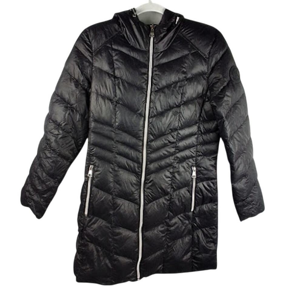 Karl Lagerfeld Paris Black Quilted Duck Down Puffer Coat Long Jacket Size Medium